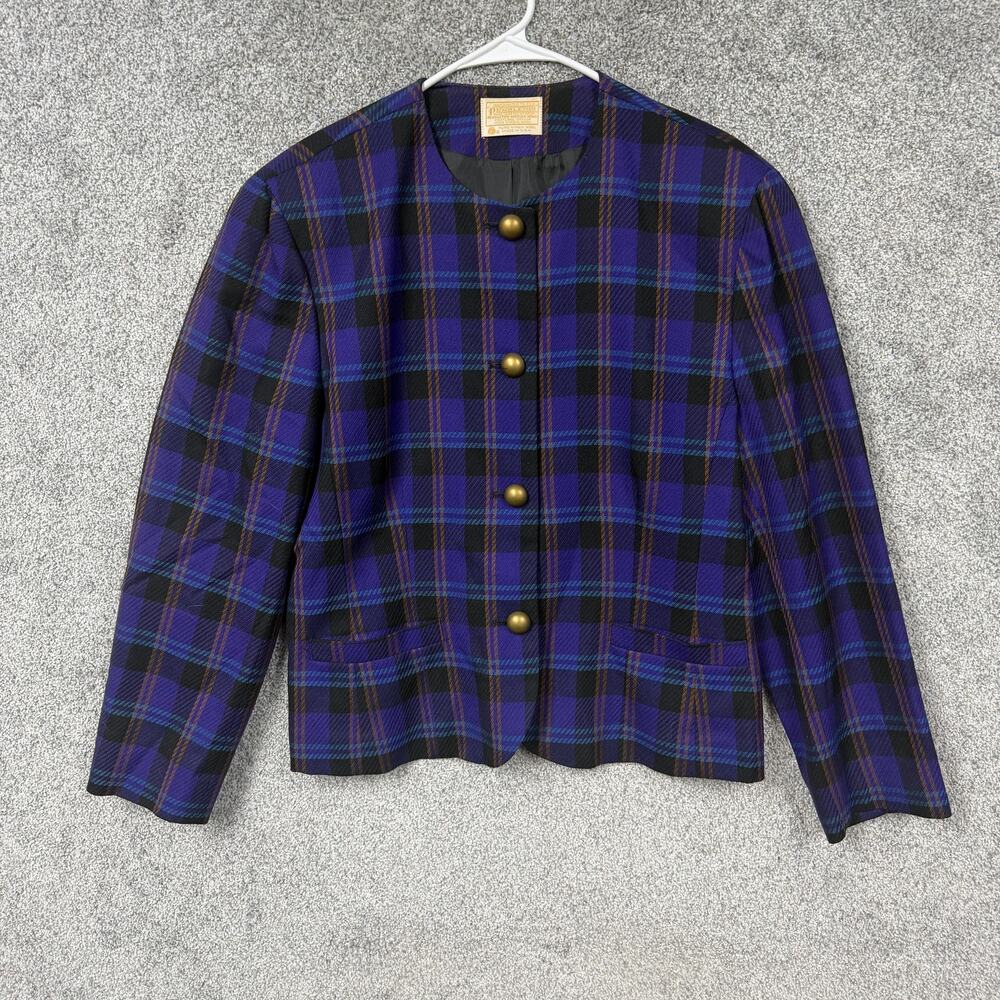 Vintage Pendleton Blazer Womens 16 Purple Plaid Wool Lined Shoulder Pads USA